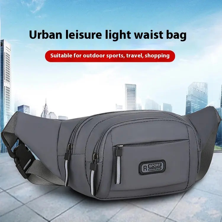 Gray urban leisure light waist bag made of waterproof nylon featuring multiple zippers and a sport logo patch designed for multifunctional crossbody use.