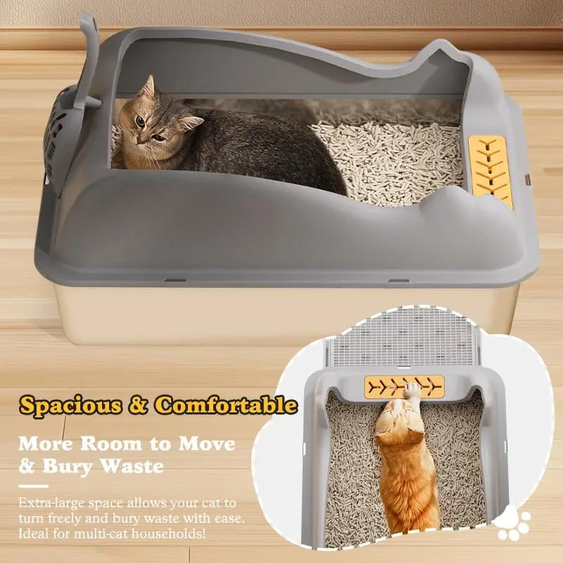 Caja para arena de gato grande de acero inoxidable con diseño gris y beige, con un plano inclinado de entrada texturizado amarillo para facilitar el acceso.