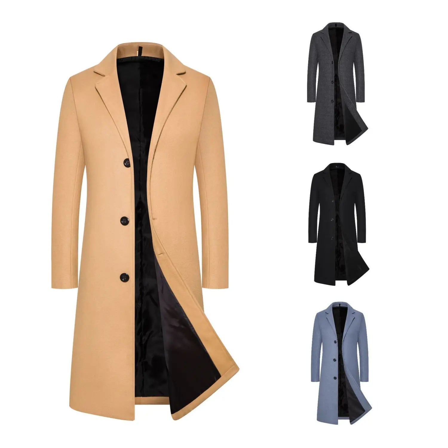 beige woolen wool trench coat mens mid length thick winter jacket with black buttons and contrasting black satin lining