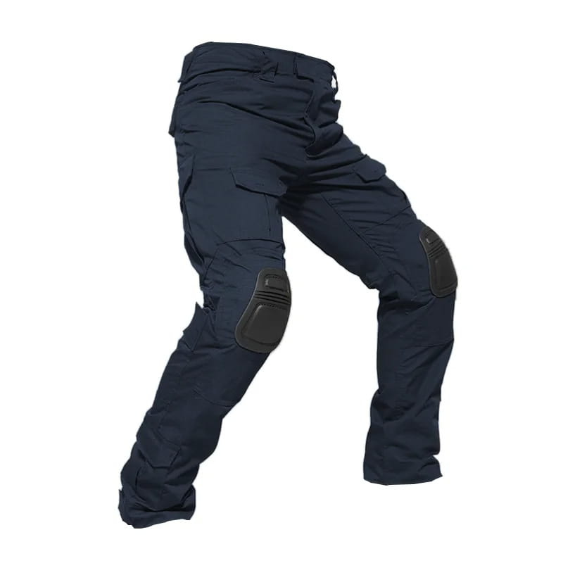 Tactical camouflage cargo pants for men in dark navy with reinforced knee pads and multiple cargo pockets designed for durability and utility.