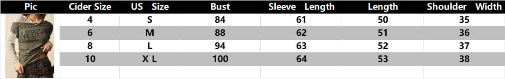 A chart displaying sizing information in inches for the lace layer off shoulder knitted top with long sleeves in sizes small to extra large.