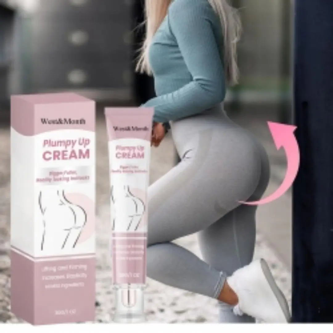 Pink and white wom and marb plumpy up buttock cream firming and lifting 30g tube featuring a sleek design with black silhouette graphics on the label.