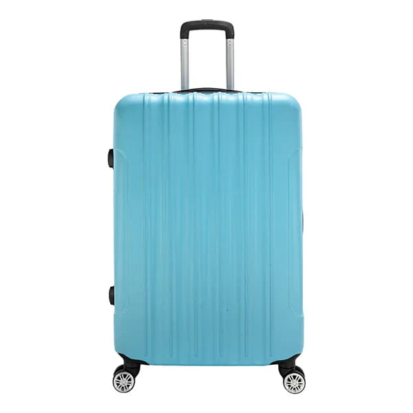 Light blue textured rolling hardshell suitcase with vertical ridges, black retractable handle, and wheels from the 3-in-1 blue textured rolling hardshell suitcase set.