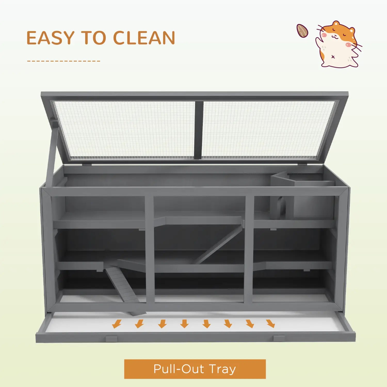 Gray metal wooden hamster cage with mesh top and pull-out tray designed as a multi-level small animal habitat.
