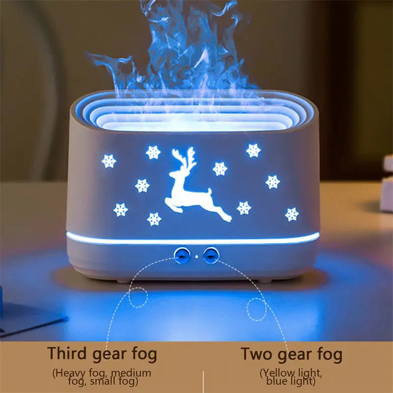A sleek white ceramic Elk Flame humidifier Christmas oil diffuser with a glowing blue LED light and illuminated reindeer and snowflake design.