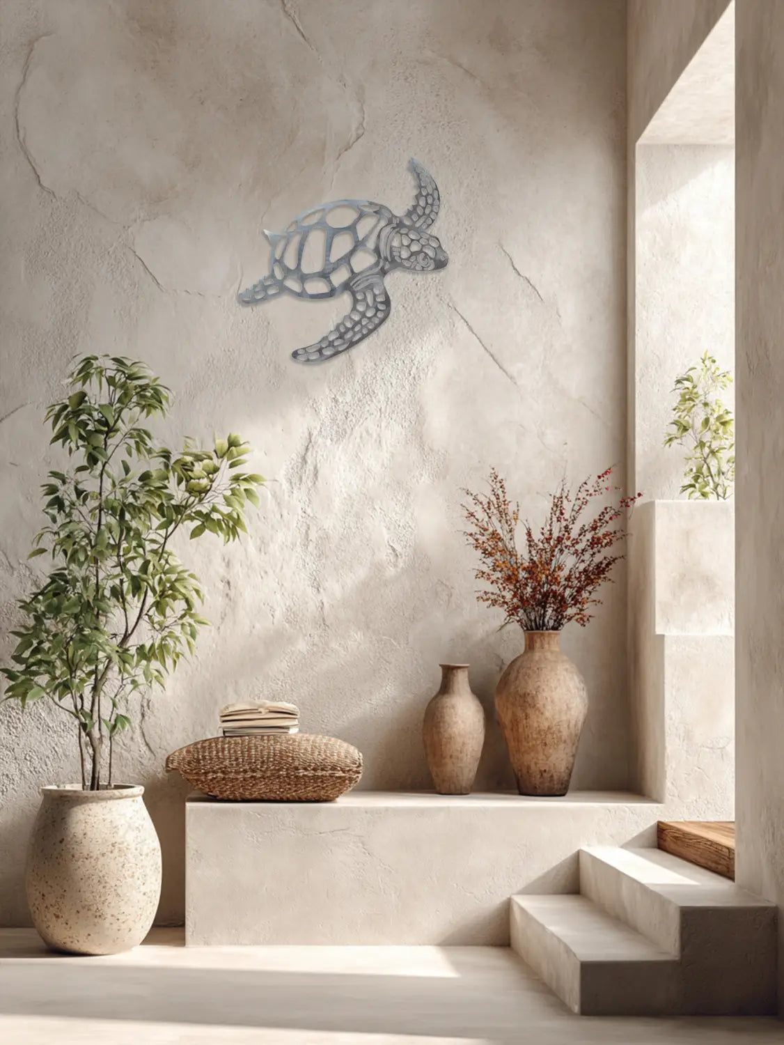Wandkunst aus silbernem Metall mit Meeresschildkröte und einem Ausstanzdesign für die Küstendekoration