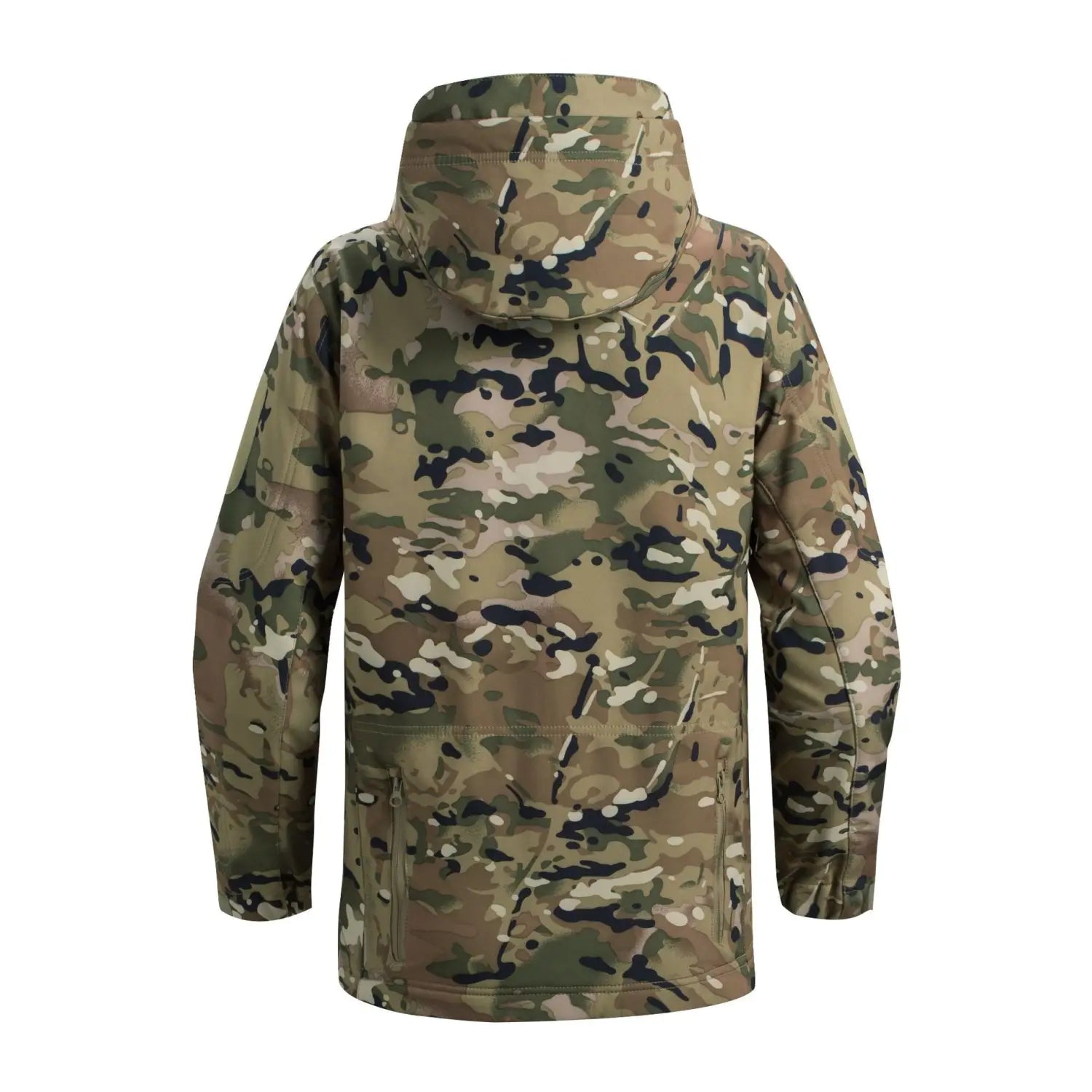 Veste tactique softshell à capuche en motif camouflage, présentant des verts, des bruns et des noirs aux tons naturels pour un usage extérieur.