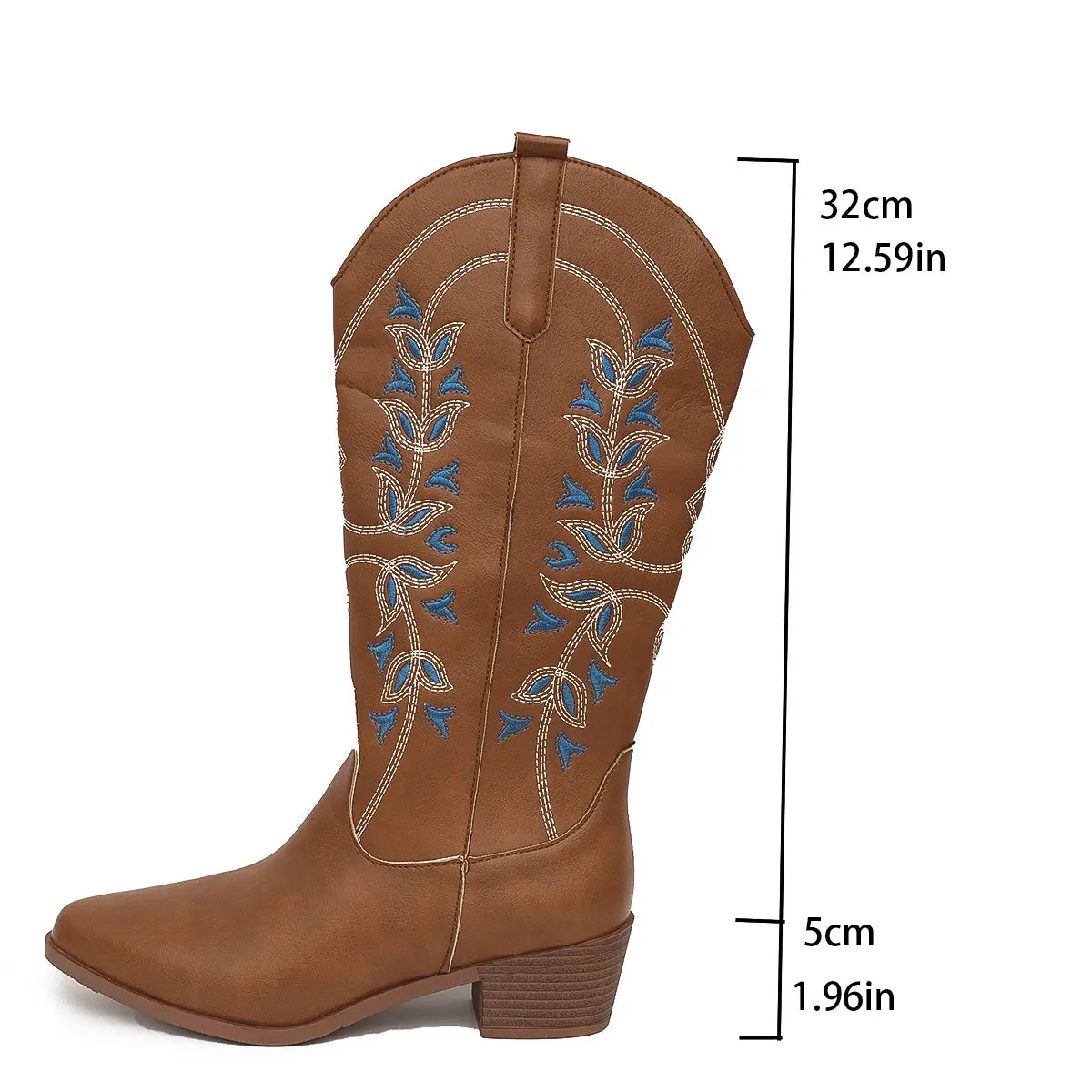 Brown leather embroidered western cowboy boot with blue and beige floral embroidery along the shaft featuring a pointed toe and chunky heel.