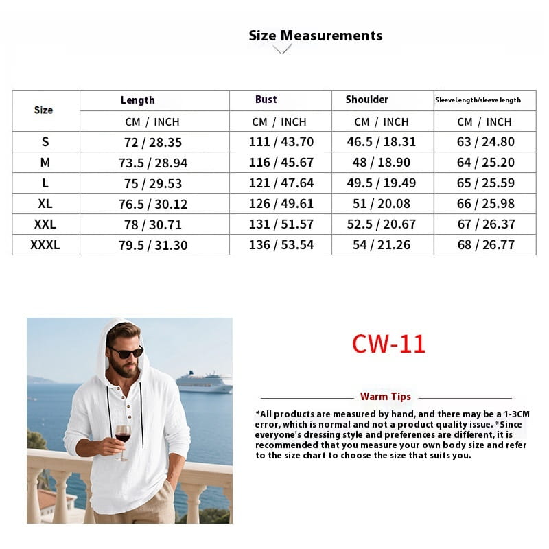 camiseta tipo henley de lino con capucha y mangas largas color blanco para hombre, con cordones negros y botones dorados, modelo cw-11