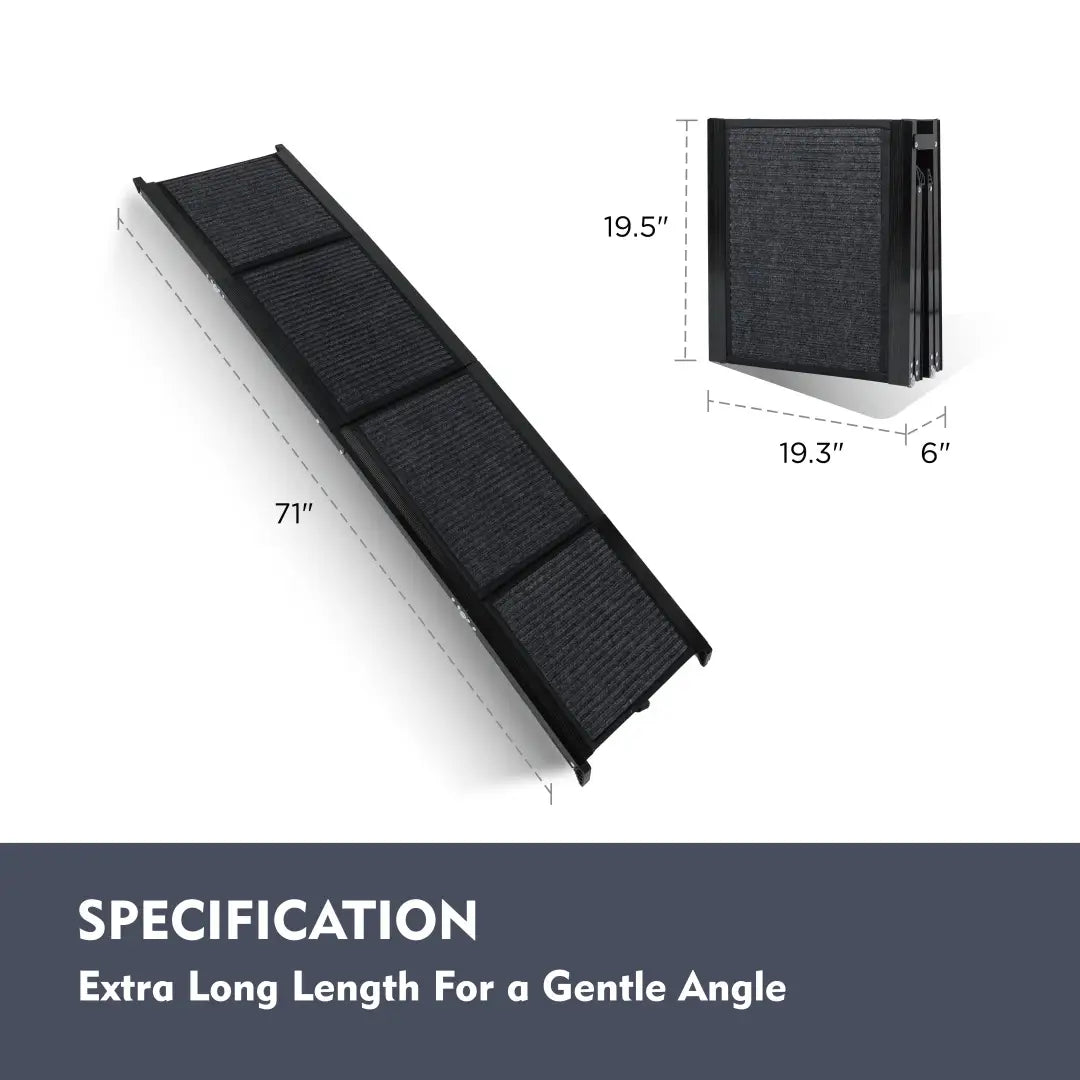 Rampe portative noire texturée pour chien, conception pliable, pour voiture, SUV et camion, supportant jusqu’à 113 kg (250 lb), vue depuis l’arrière.