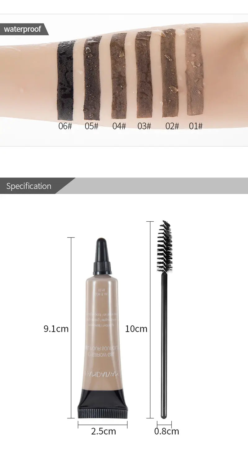 A beige waterproof eyebrow henna gel liquid tint in a sleek black-topped tube with a fine-bristled spoolie brush for precise application.