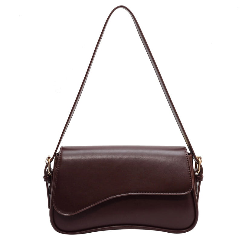 A sleek dark brown leather messenger bag with a curved flap gold-tone hardware designed as a minimalist crossbody organizer.