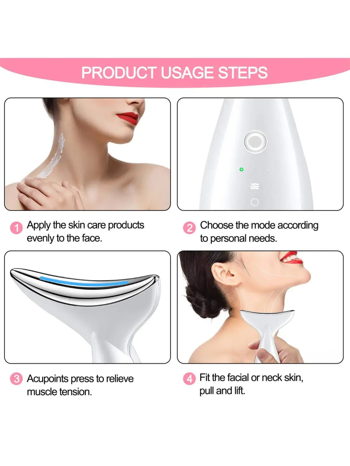 Weißer und silberner LED-Gesichts- und Nackenstraffer mit straffender Massagewirkung, mit elegant-ergonomischem Design zur Faltenentfernung und zur Gesichtsmodellierung