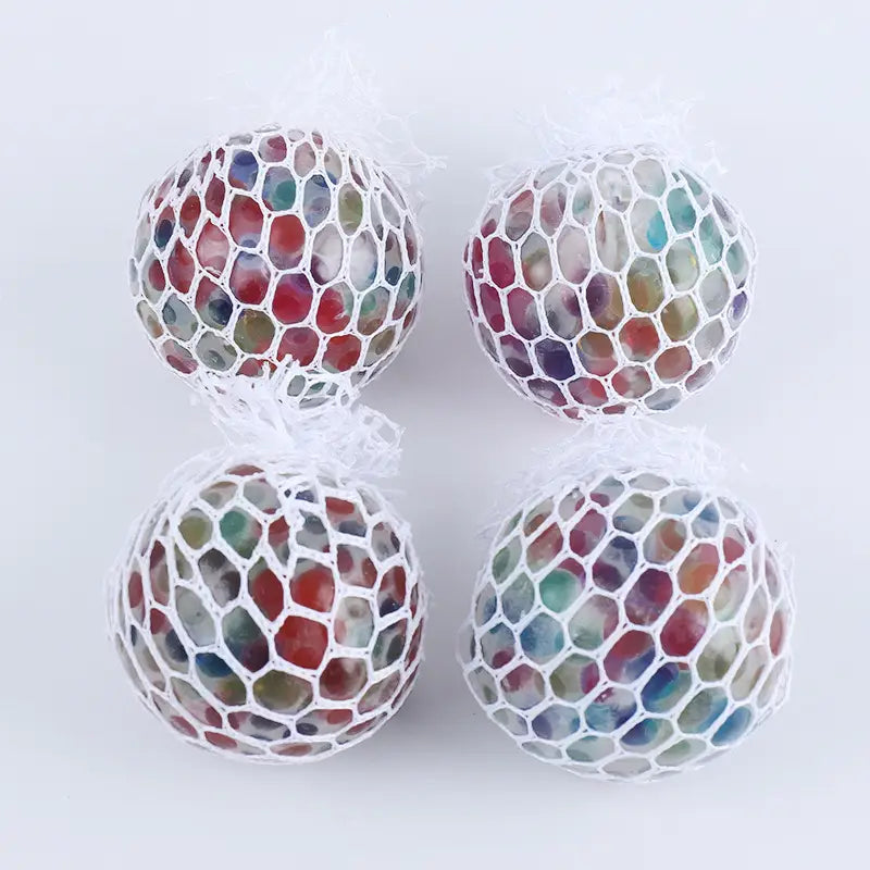 four colorful multicolored gel-filled led mesh stress balls encased in white mesh netting for squeezing and stress relief