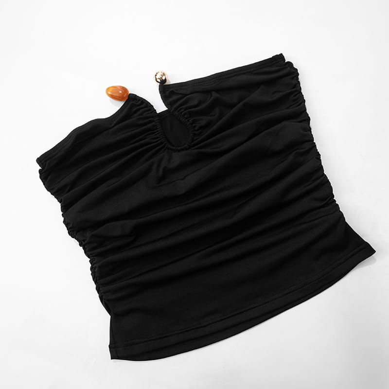 Black strapless keyhole crop top featuring ruched fabric with a gathered neckline and elasticized sides.
