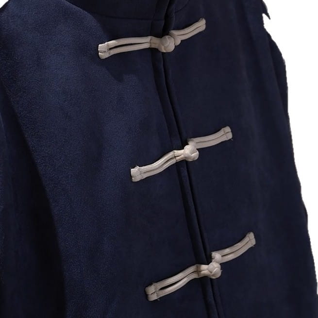 Dark blue suede Tang Style fleece sport jacket with light gray toggle closures.