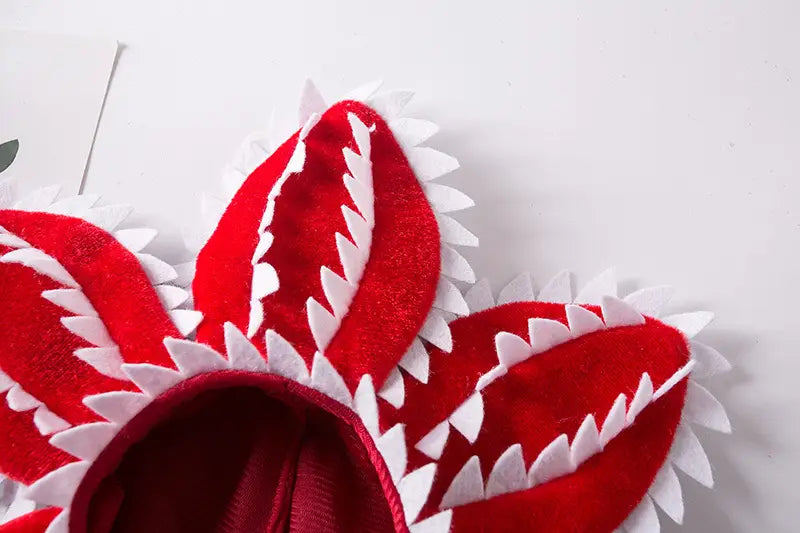 red velvet carnivorous flower dog hat plush pet costume with white tooth-like edges designed for pet use