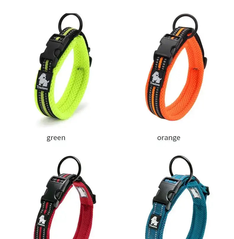 collares para perro de malla acolchada reflectante talla mediana, en verde neón naranja rojo y teal brillante, con hebillas de plástico negras y correas ajustables para mejorar la visibilidad y la comodidad.