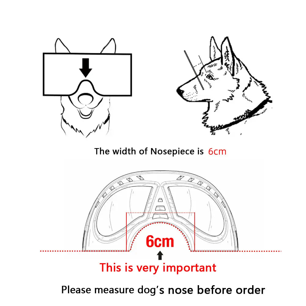 illustration of a 6cm-wide black and white line art dog nosepiece for large dog goggles with uv protection and windproof ski eyewear.
