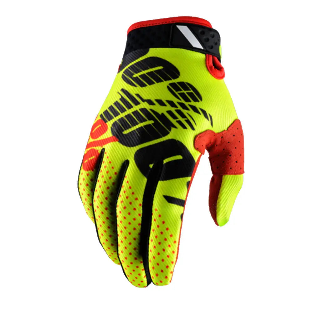 Back side of vibrant neon yellow and black motorcycle riding glove with red accents featuring a bold 100% logo design and breathable letter pattern for motocross gear.