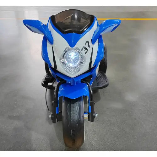 Blue and white children’s 6v electric ride on motorcycle with black accents designed for kids