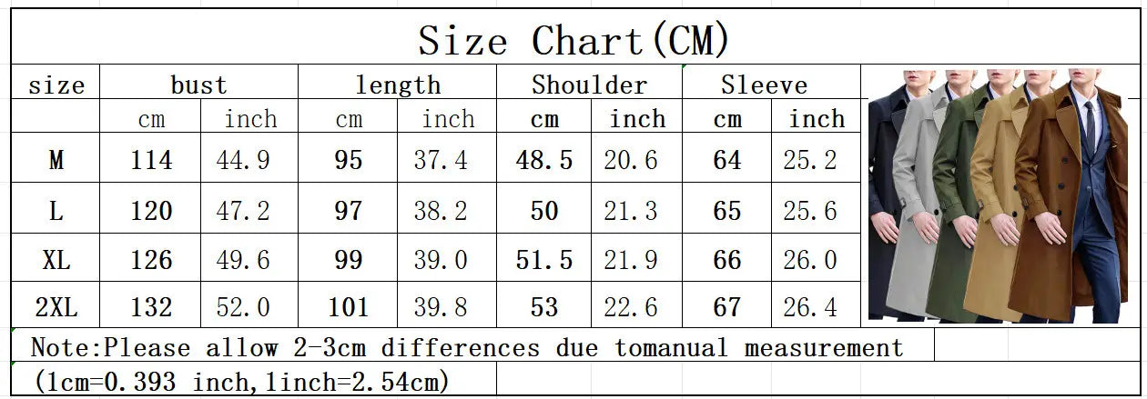 men solid color long trench coat wool overcoat size chart showing available colors black gray olive green and brown