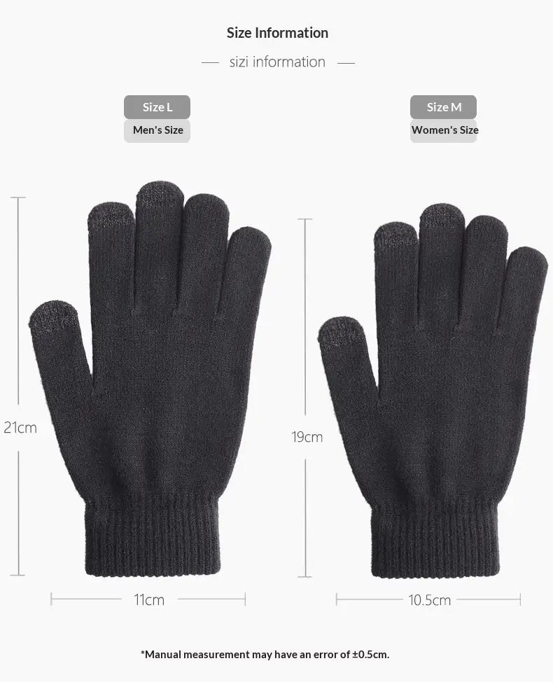 Schwarze gestrickte Touchscreen-Wollhandschuhe für den Winter mit gerippten Bündchen, von hinten gezeigt; erhältlich in Größen für Herren und Damen.