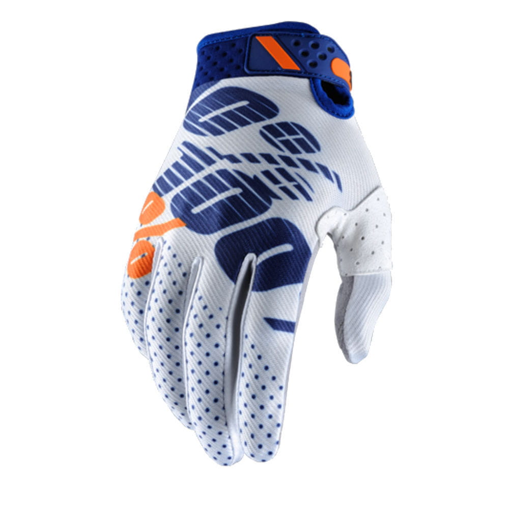 white and blue motocross glove with orange accents showing breathable mesh design and reinforced knuckle protection on the back side for motorcycle riding gloves letter pattern breathable motocross gear