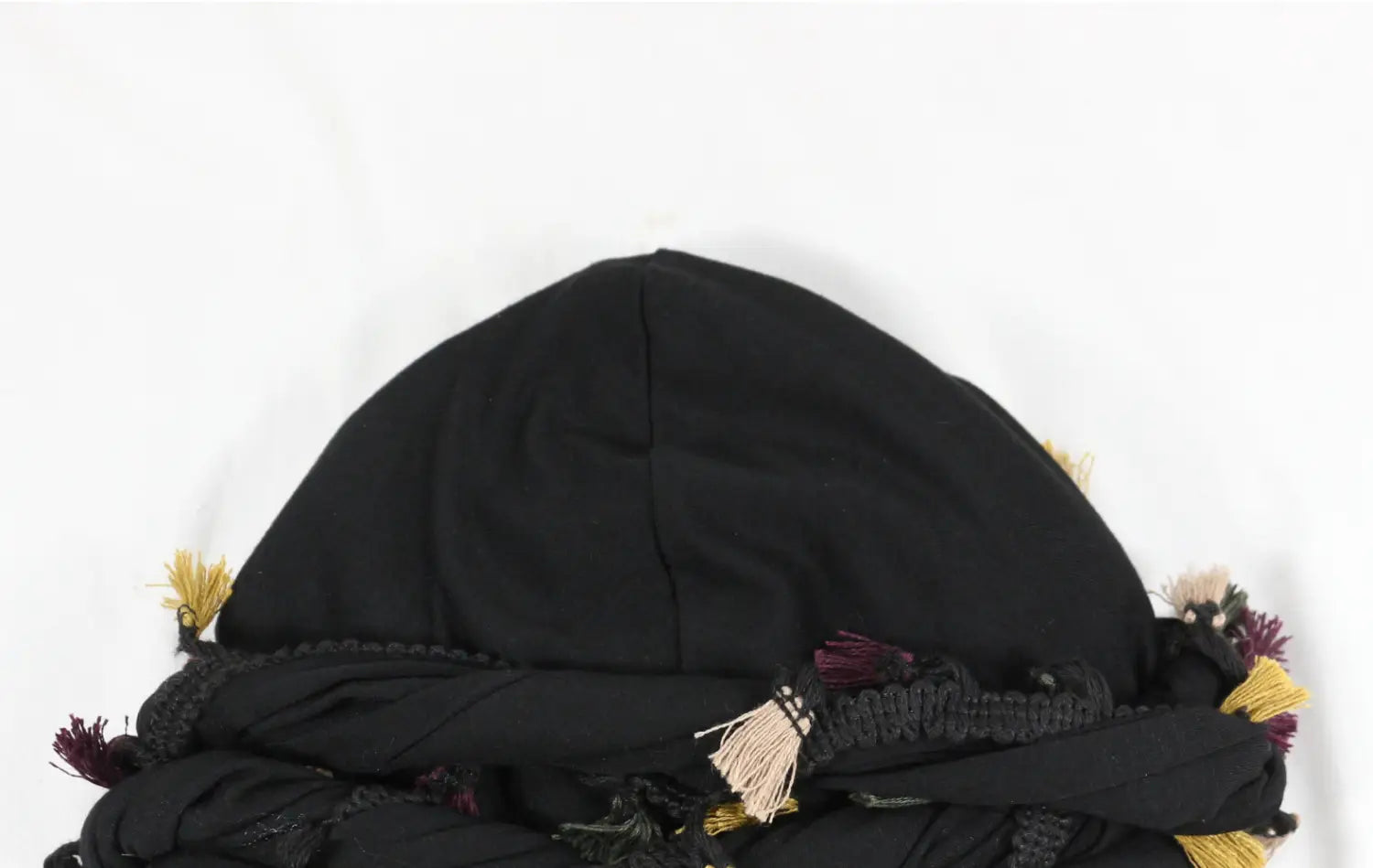 Black satin lined men beard twist cap with intricate gold and burgundy tassels on fabric headpiece.