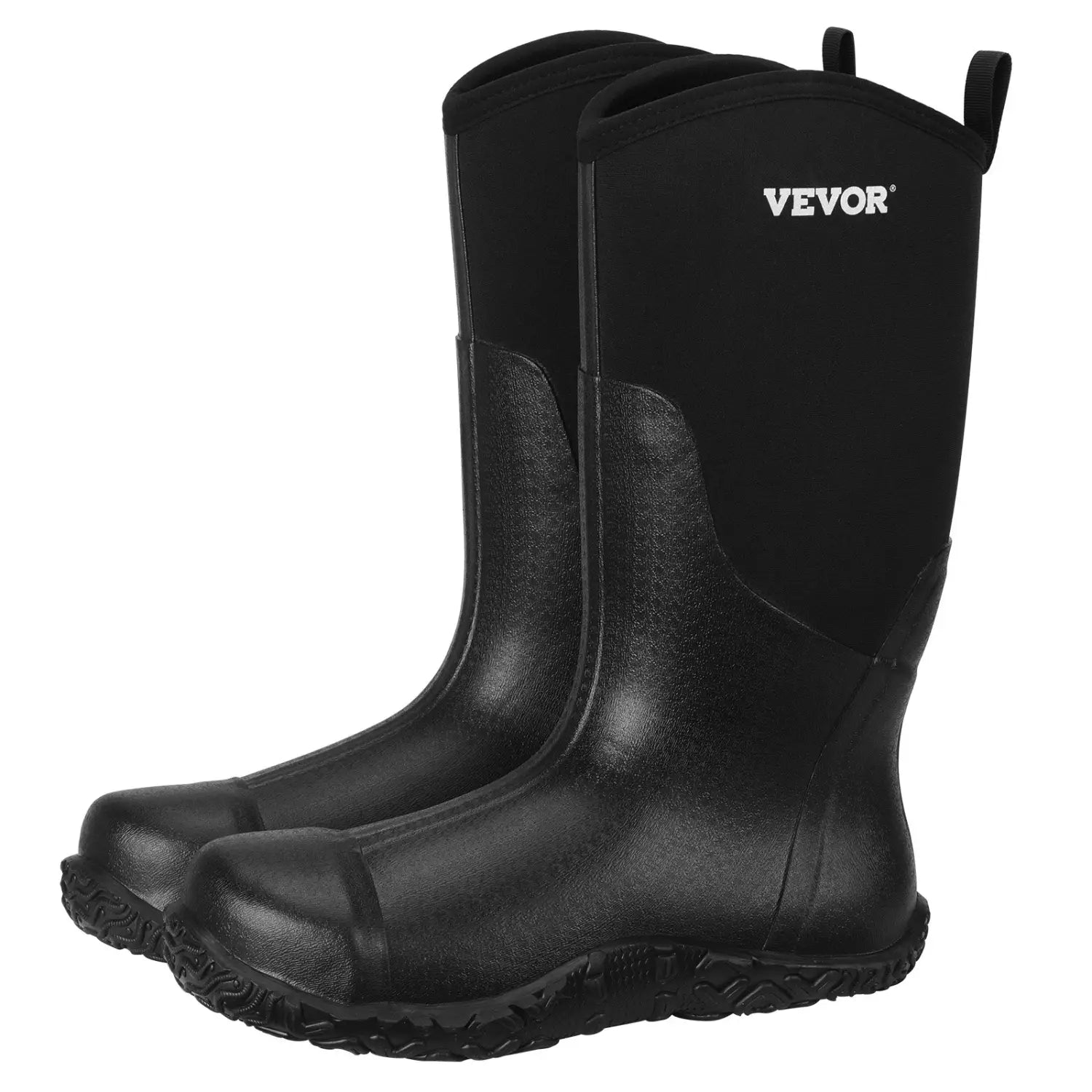 Men’s insulated steel toe waterproof black vevo rubber boots with a textured durable surface and reinforced toe caps.