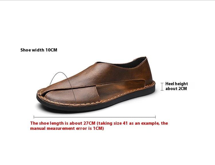 Herren-Braune Echtleder-Slip-on-Strandsandale mit gestepptem Design und schwarzer Gummisohle.