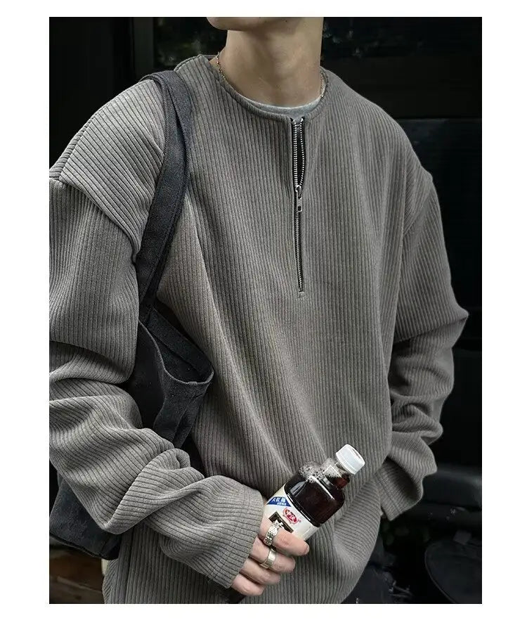 Sudadera gris acanalada de punto para hombre, de manga larga, con detalle de cremallera frontal, con diseño de media cremallera, para uso casual.
