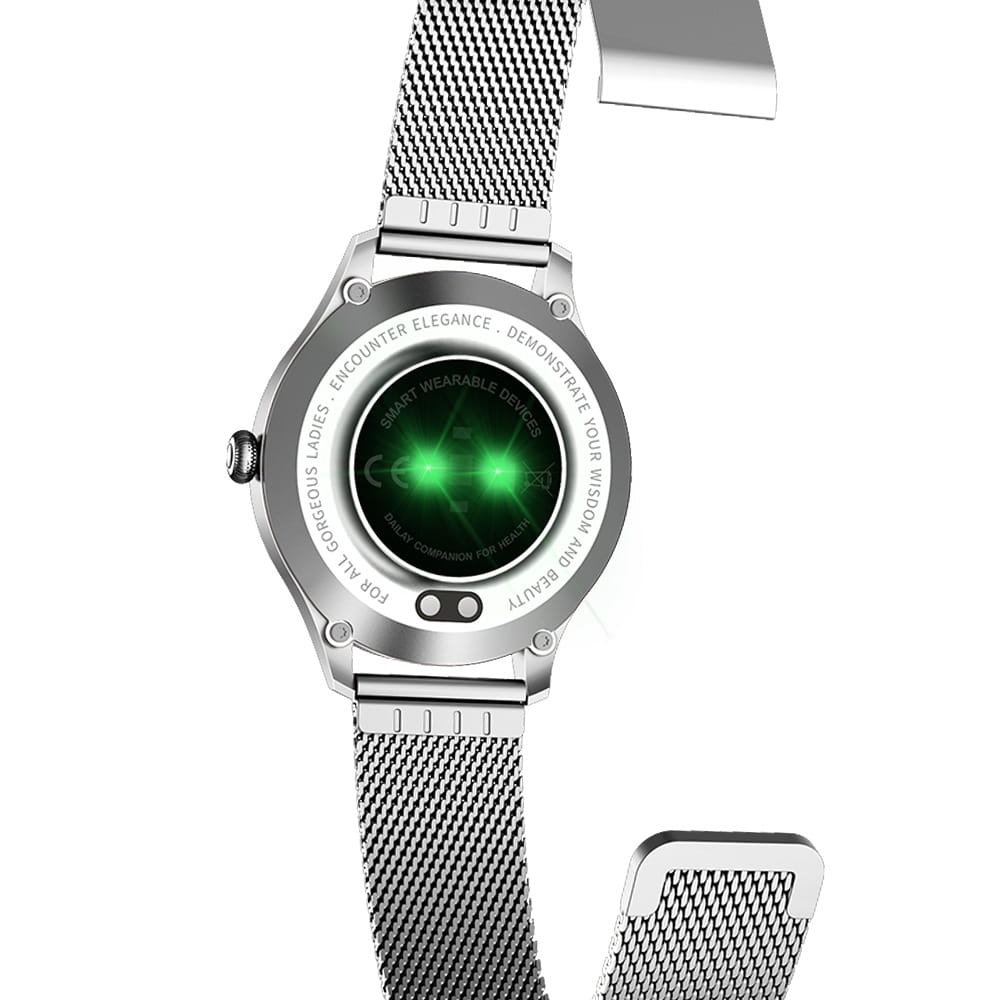 Kw10 Pro women rose gold mesh smartwatch with silver mesh strap, sleek circular case, and glowing green digital display.