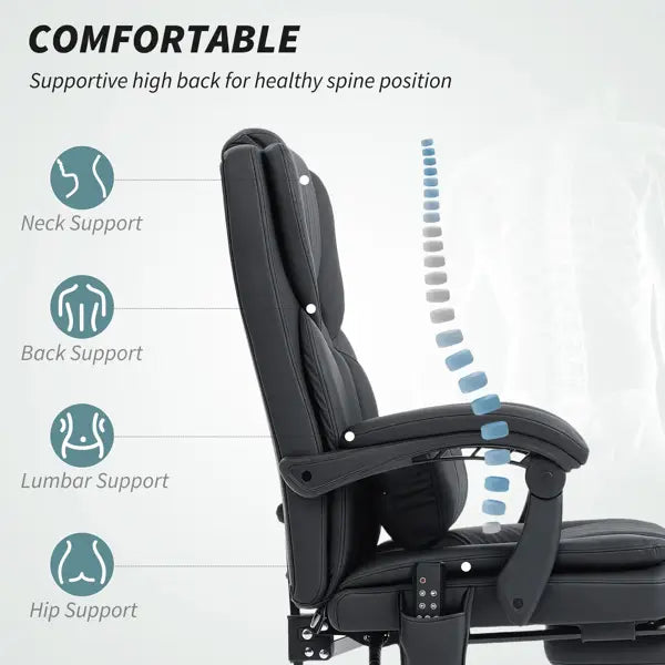 Black leather massage office chair with ergonomic high back and footrest shown from the back side.