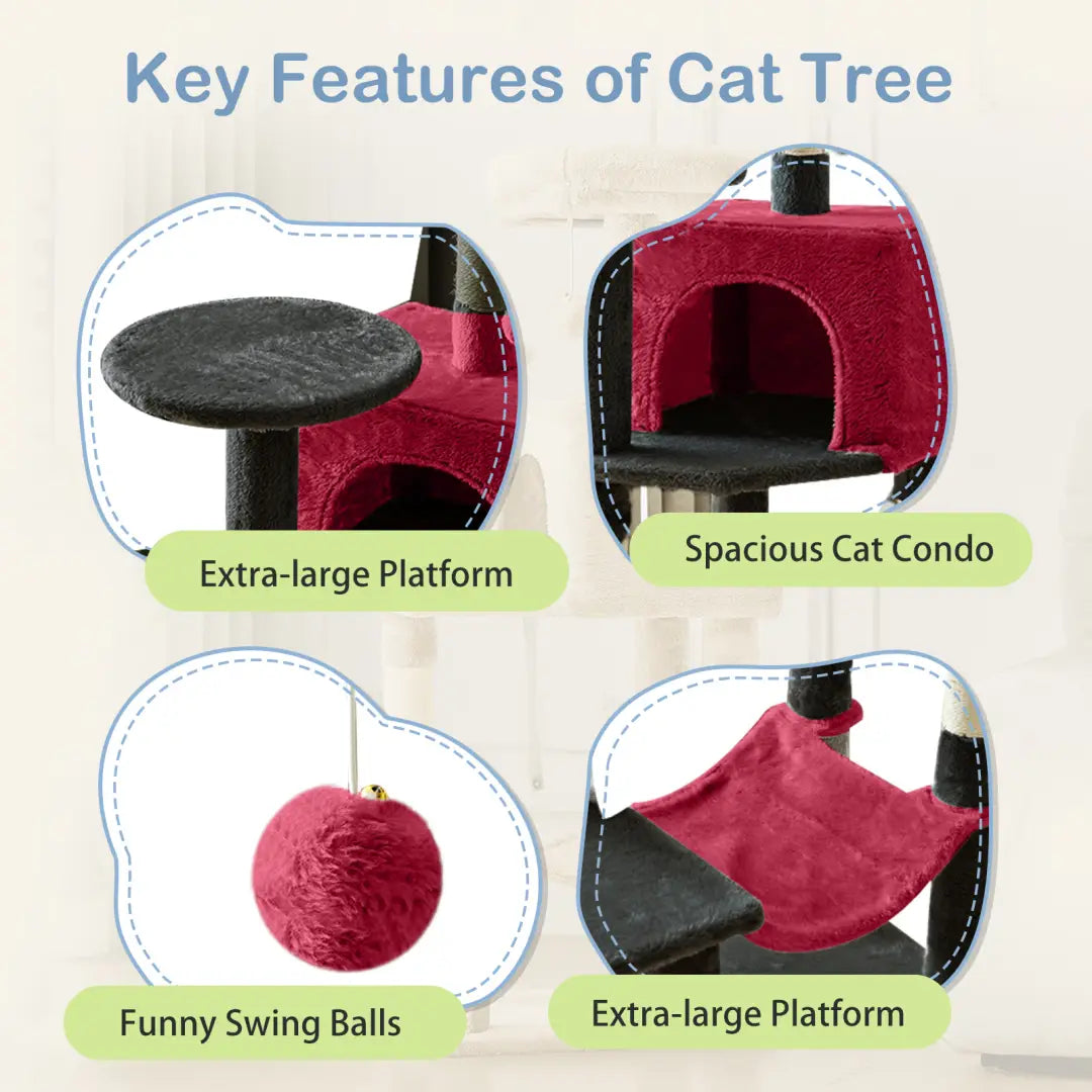 red plush 44 inch multi-level cat tree tower with black platforms and sisal scratching posts for cats