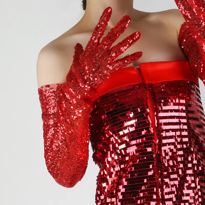 Red sequined mesh finger gloves set featuring long sleeve gloves with shimmering sequins.