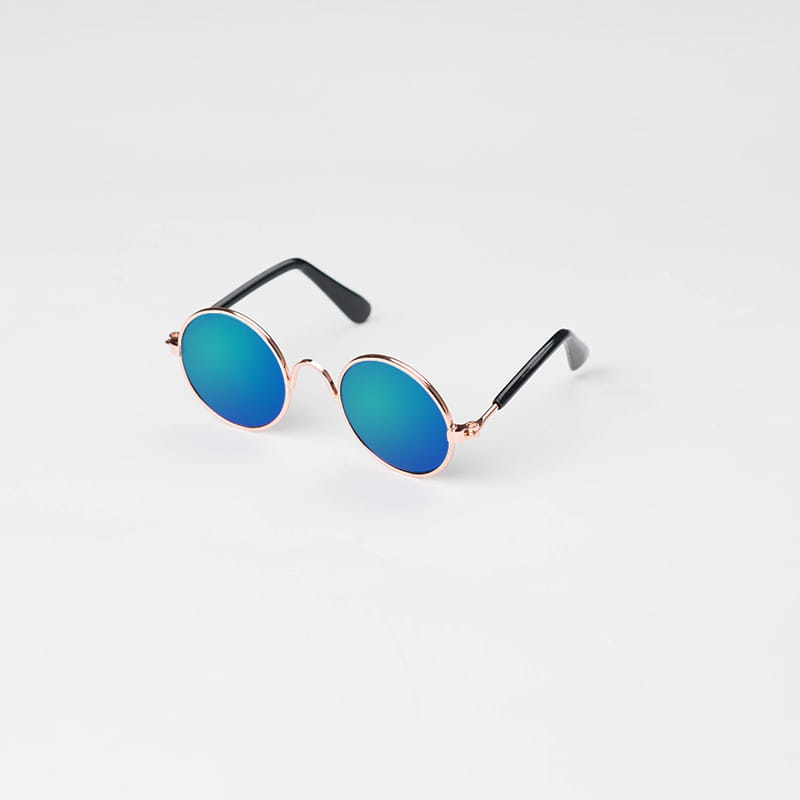 Rose gold metal round cat sunglasses with blue mirrored lenses and black temple arms.