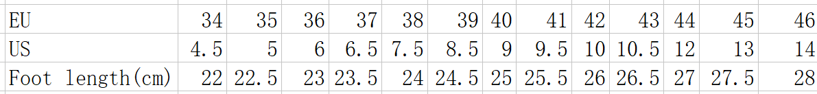 The image displays a size conversion table for retro wedge sandals women’s plus size t-strap shoes showing EU and US shoe sizes with corresponding foot lengths in centimeters.