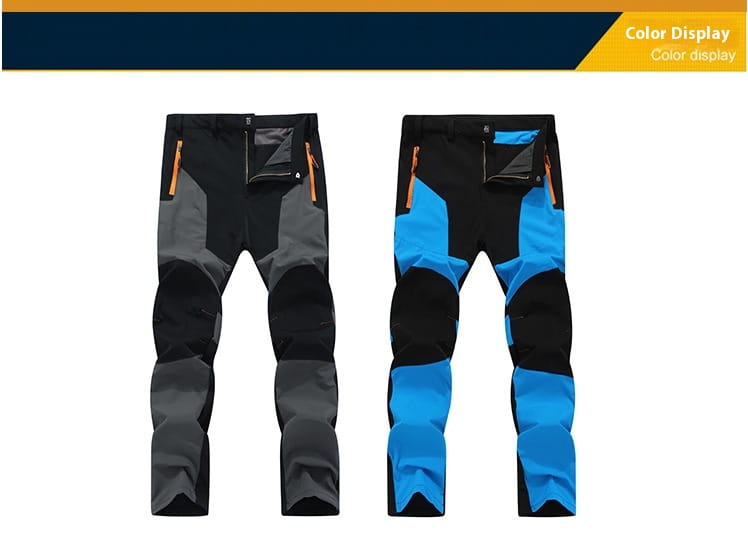 Men’s waterproof tactical hiking pants in black and gray and black and blue with reinforced knee panels for durability.