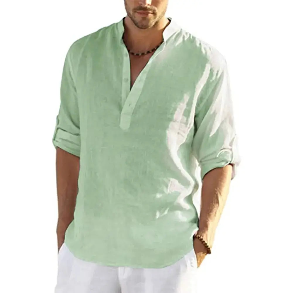 men’s casual v neck rolled sleeve linen pullover shirt in light green breathable linen with a relaxed fit and rolled-up sleeves.