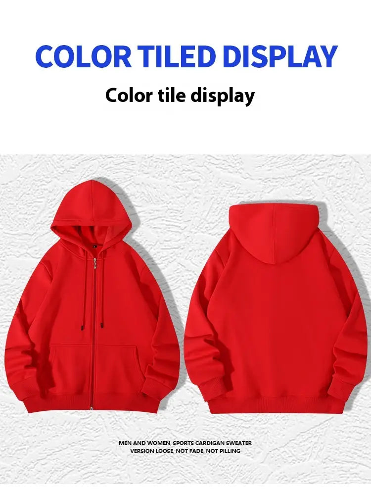 Herren-Schwergewichts-Fleece-Zip-Hoodie in Übergröße in Rot mit Kapuze, Frontreißverschluss und zwei seitlichen Taschen.