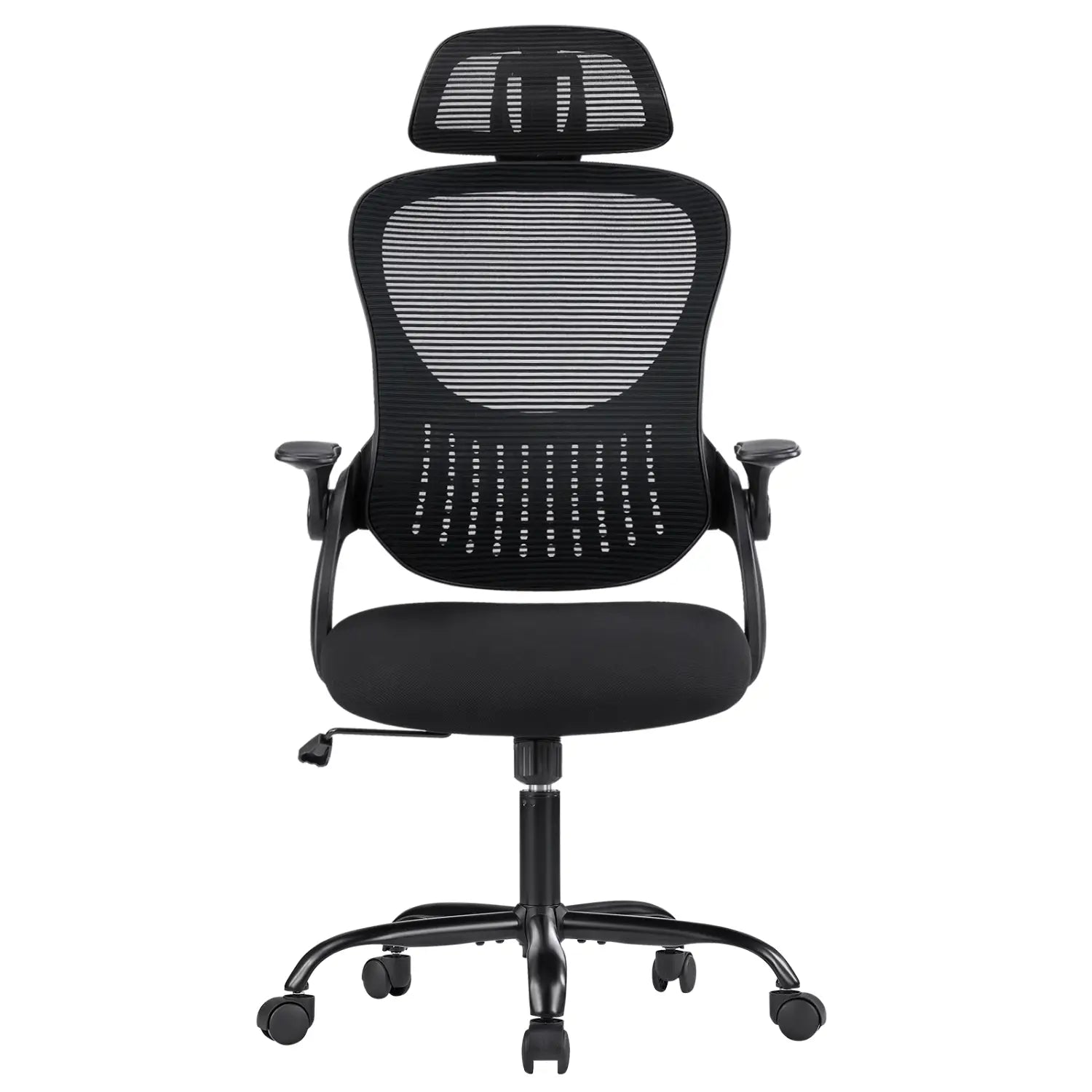 Chaise de bureau ergonomique en maille noire avec appui-tête réglable et assise rembourrée, dotée d’accoudoirs relevables.