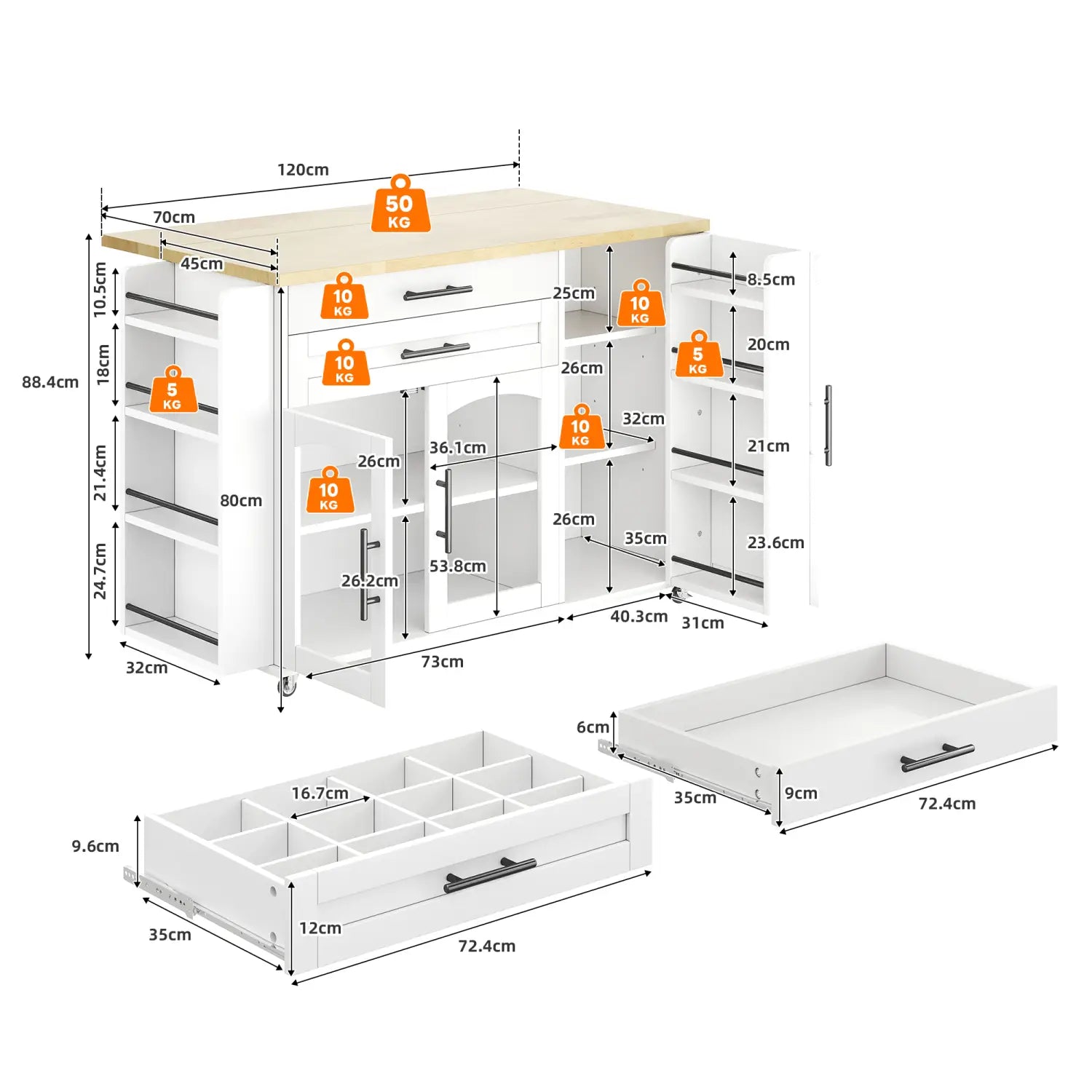White mobile kitchen island with foldable light wood countertop wheels multiple drawers shelves and pull-out organizer