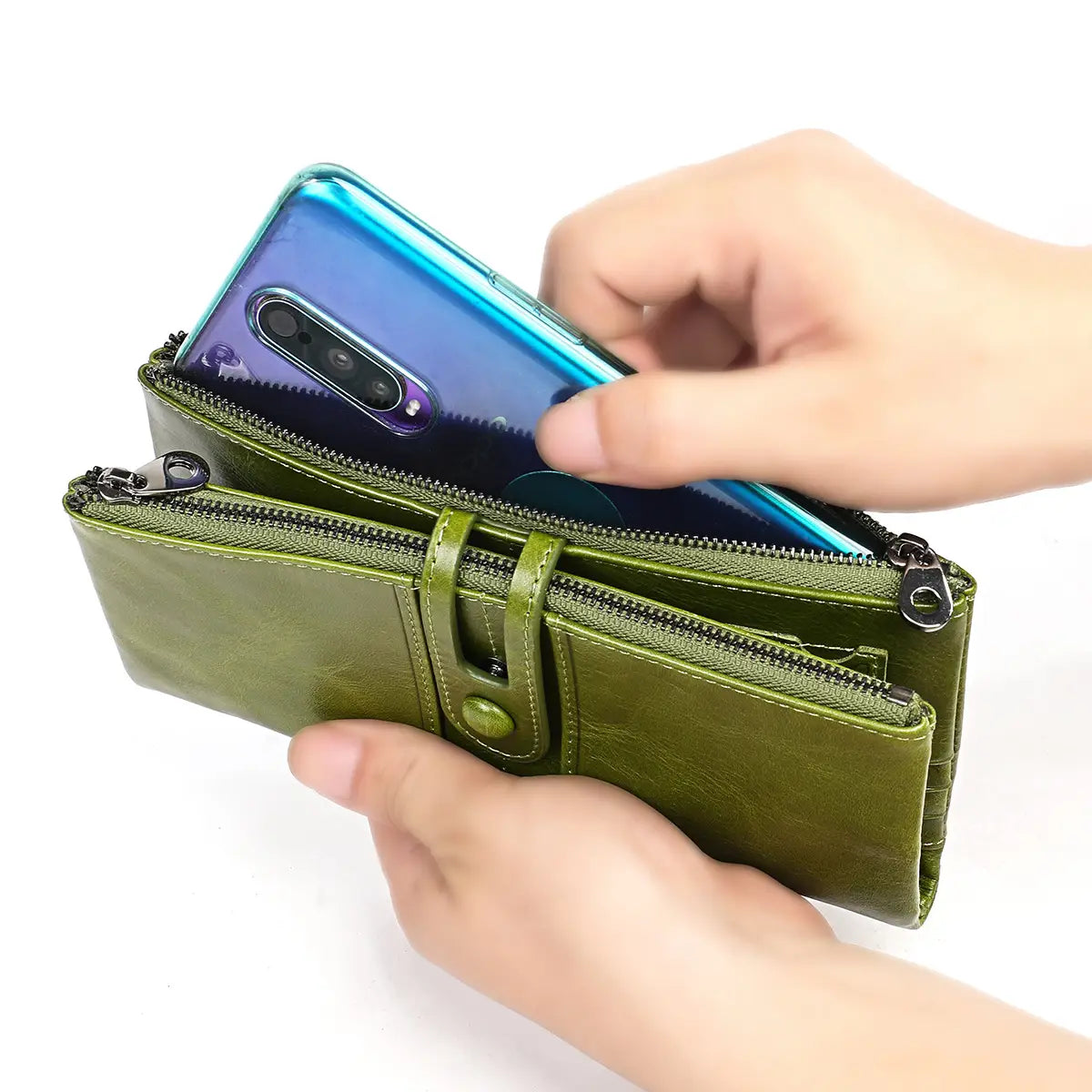 First layer cowhide leather zipper tri-fold wallet in olive green with multiple zippered compartments and central button closure.