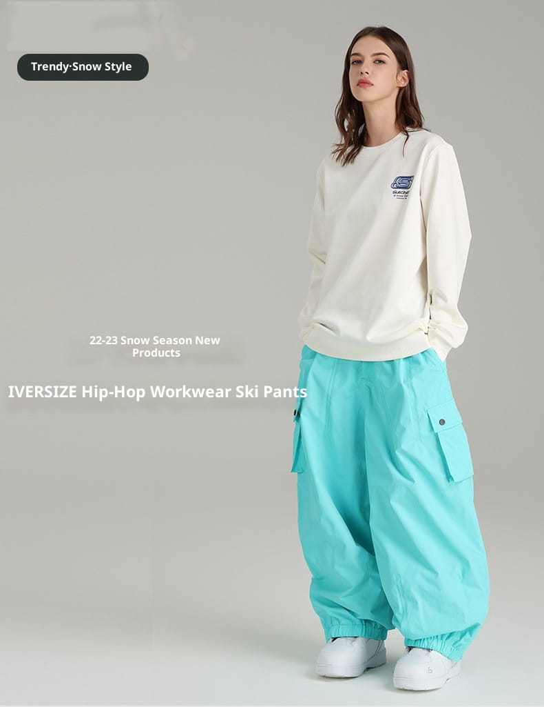 Winter outdoor loose ski pants in turquoise cargo style with elastic cuffs designed for hip-hop workwear.