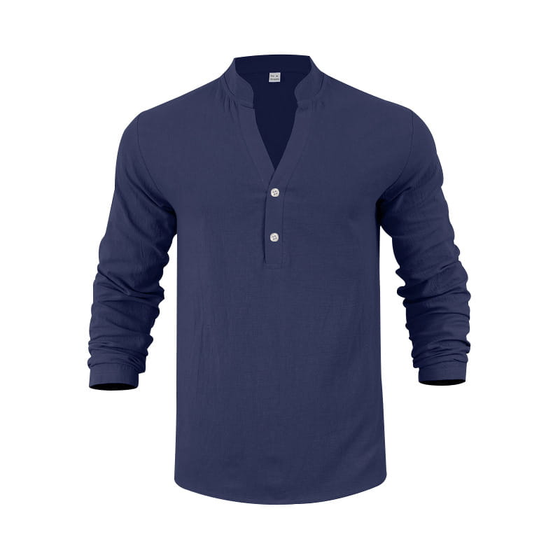 Camisa tipo henley de lino azul marino para hombre, de manga larga, con dos botones blancos y un detalle sutil en el cuello, adecuada para el uso informal.