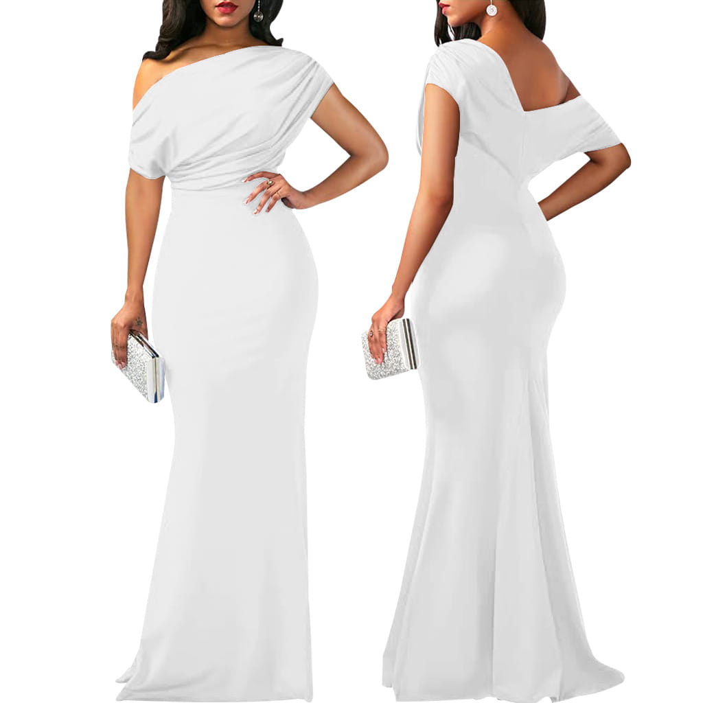 White off the shoulder mermaid evening gown with a draped bodice and sleek form fitting silhouette for formal occasions.