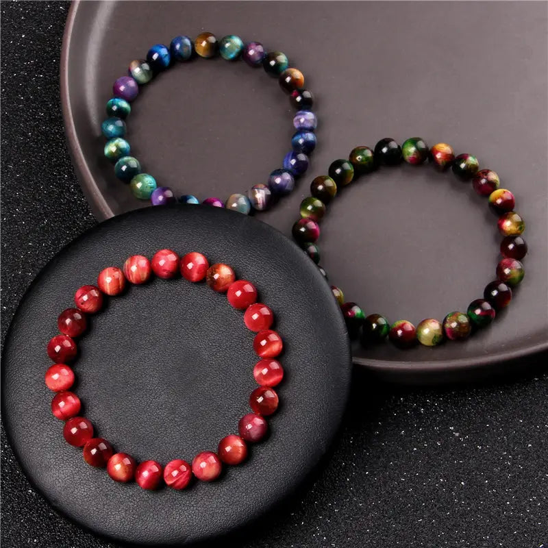 Red tiger eye bead bracelet featuring faceted polished natural stones arranged in a circular pattern for men 8mm gemstone accessories.