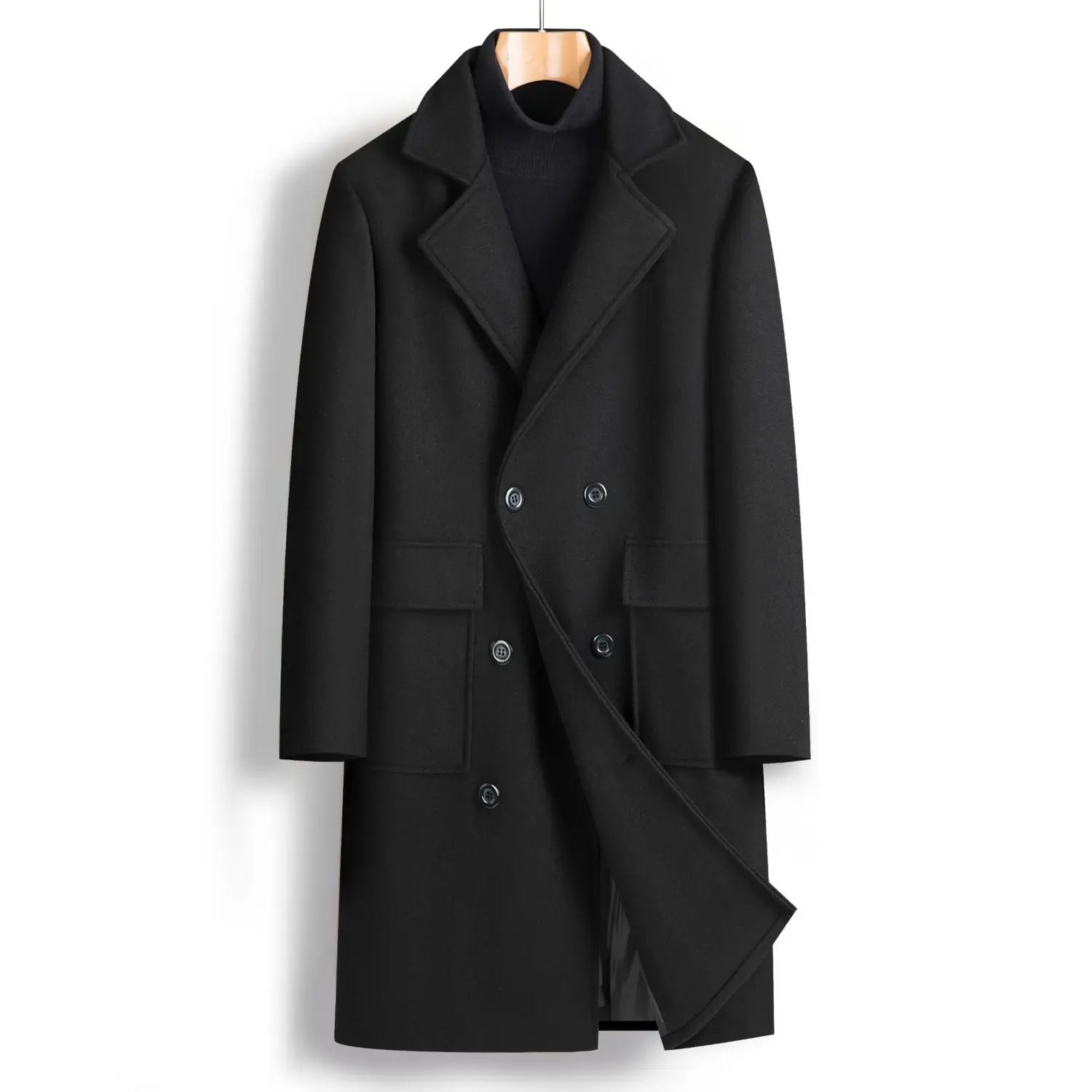 Men double breasted wool overcoat mid length coat in black featuring notched lapels and silver toned buttons.