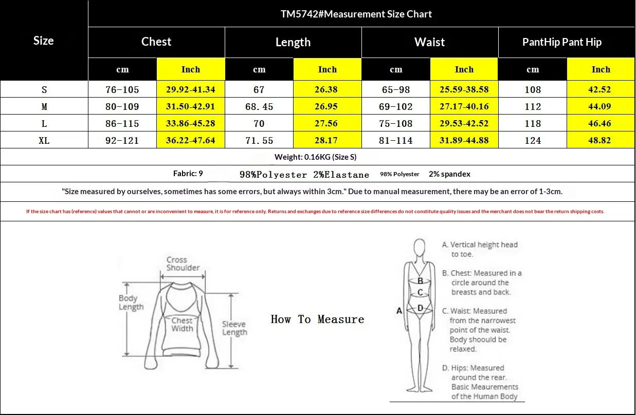 This is a size chart for a cream strapless pleated jumpsuit made from 98 percent polyester and 2 percent spandex fabric showing measurements in centimeters and inches from size small to extra large.